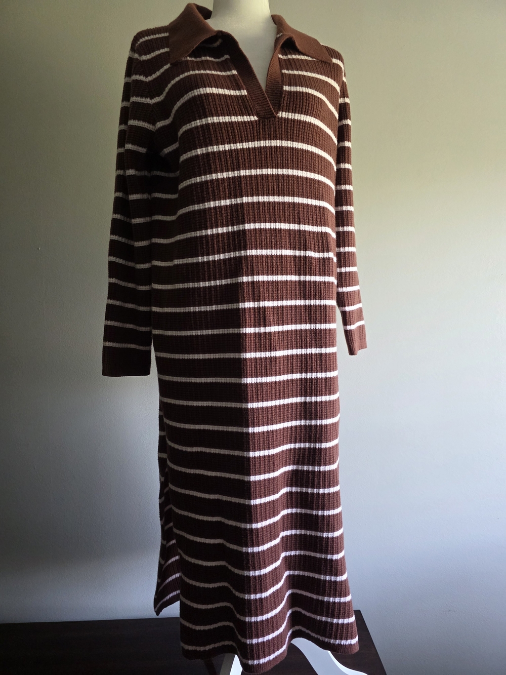 Brown & Cream Striped Ribbed Knit Long Sleeve Polo Maxi Dress Large
